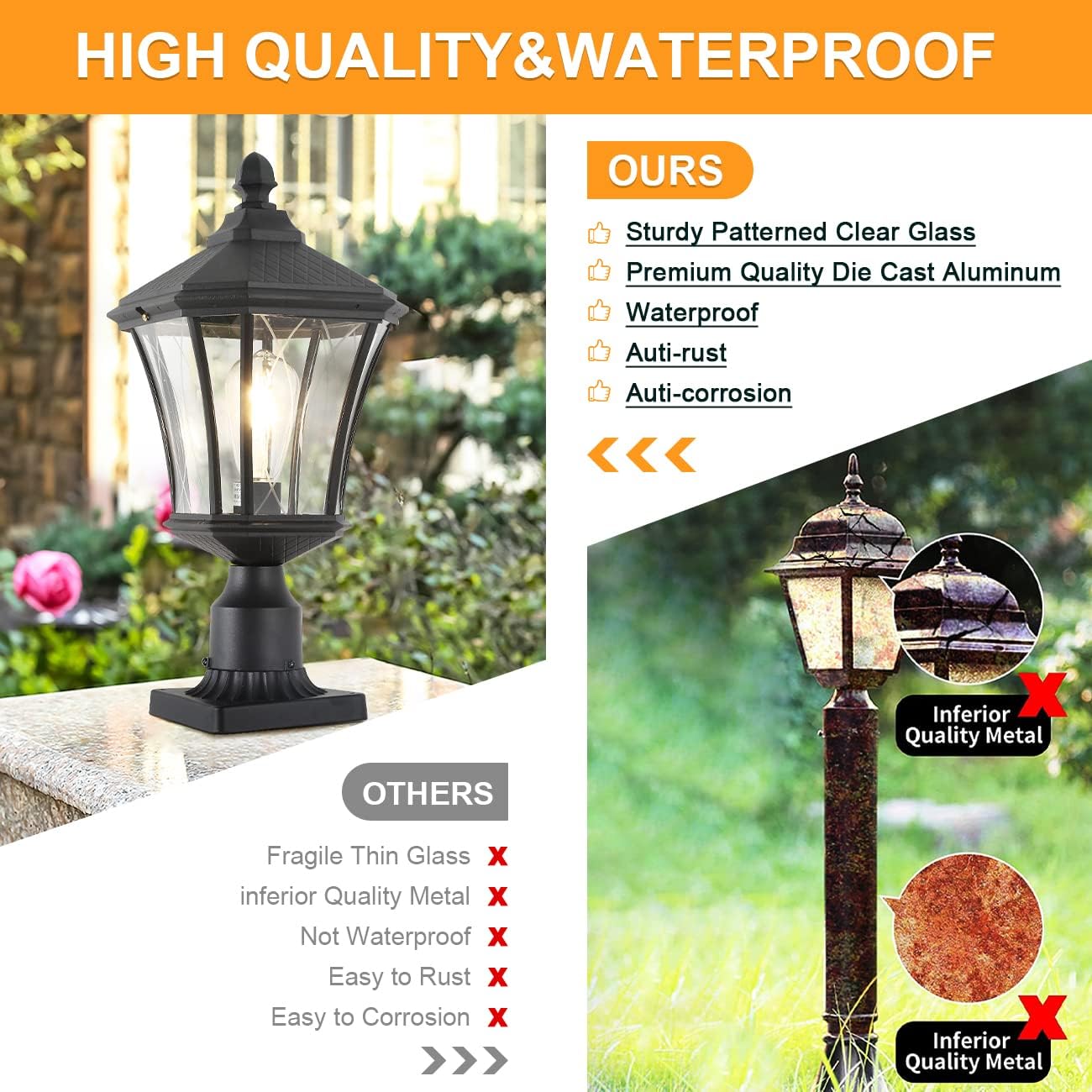 Post Lights Outdoor Post Lantern 20" Exterior Post Coach Light with Pier Mount Base, Weather Resistant Aluminum with Clear Glass Pier Mount Lantern Black Outdoor Pole Lamp for Patio, Porch, Yard
