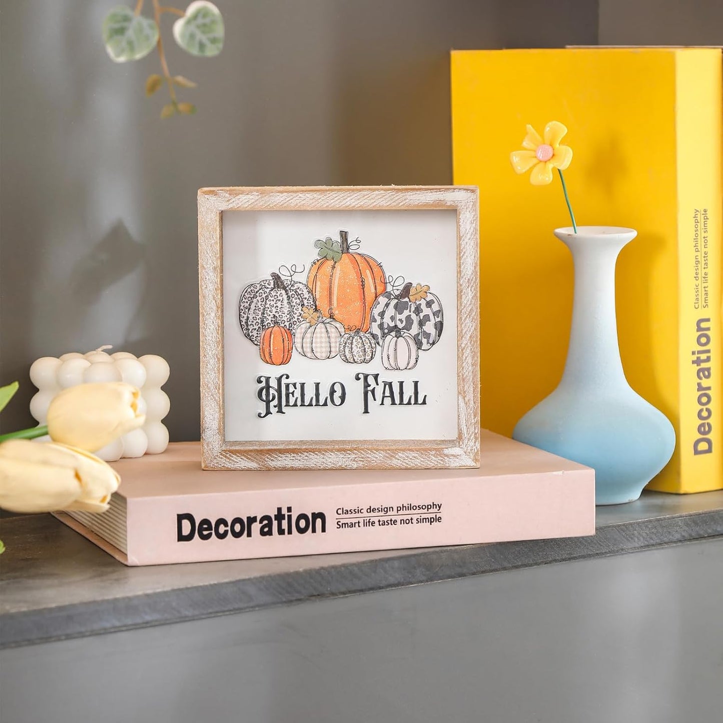 Embossed Pumpkin Sign, Farmhouse Autumn Decorations, Wooden Fall Tiered Tray Decor for Shelf Cubicle Desk Mantel, Rustic Thanksgiving Table Decor