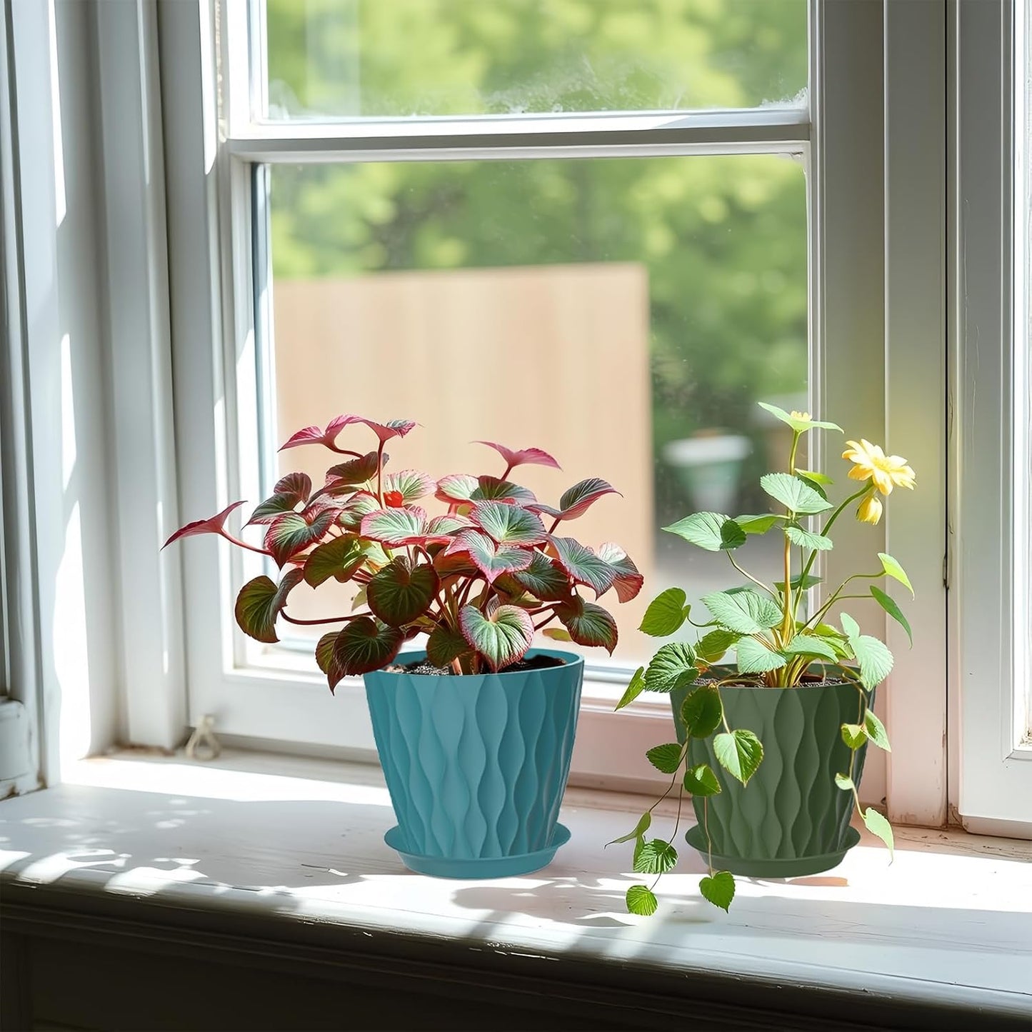 10 Pack 5 Inch Plant Pots with Drainage and Saucers, Multicolour Plastic Flower Pots for Indoor and Outdoor Plants, Stackable Nursery Planters for Houseplants and Herbs, Multicolour