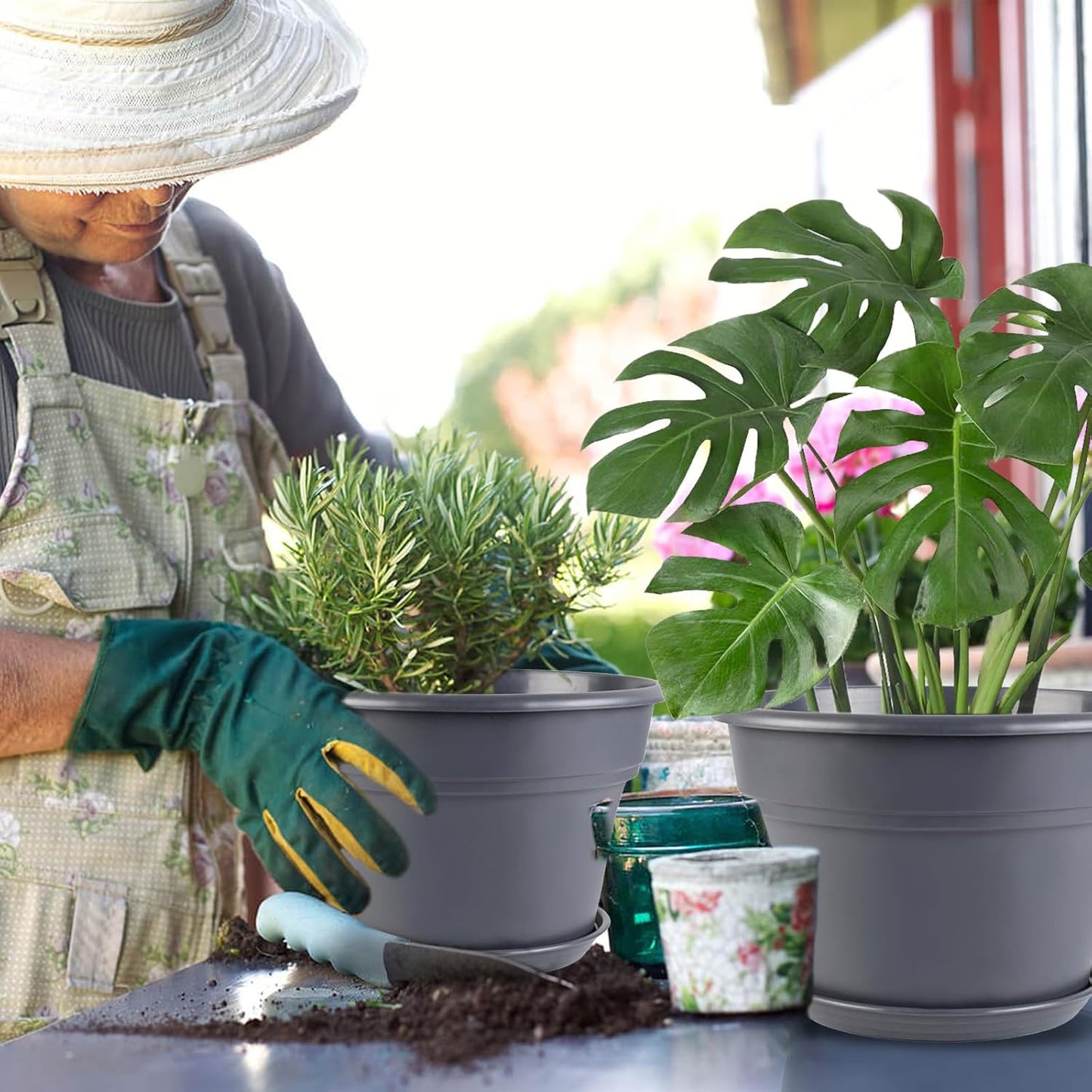 10-inch-Plant-Pots-Indoor-Outdoor, 4 Pack Plastic Planters with Drainage Holes & Saucers, Resin Flower Pots with Trays, Classic Garden Pot Container for House
