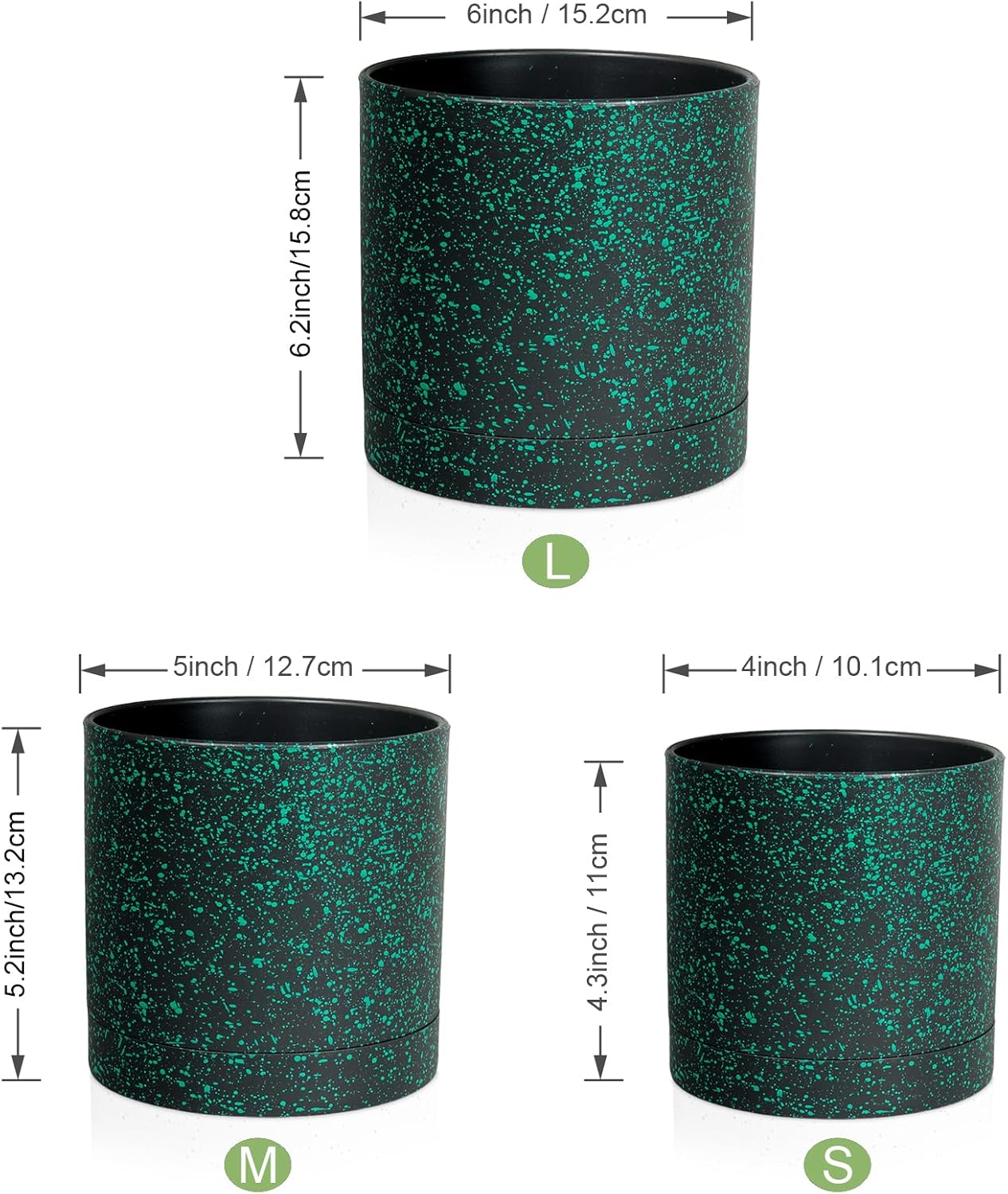 6/5/4 inch Plant Pots, 3 Pack Cylinder Flower Pots for Small Indoor Outdoor Plants, Plastic Planters with Drainage Holes and Saucers for Garden Succulent Plants, Black with Green Speckles