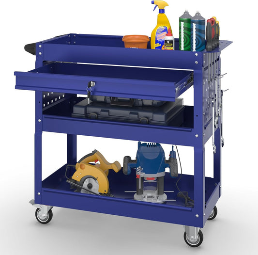 3 Tier Rolling Tool Cart on Wheels with Locking Drawer - Metal Service Cart Industrial Utility Cart for Mechanic - 350 LBS Mobile Storage Organizer for Garage, (Blue)