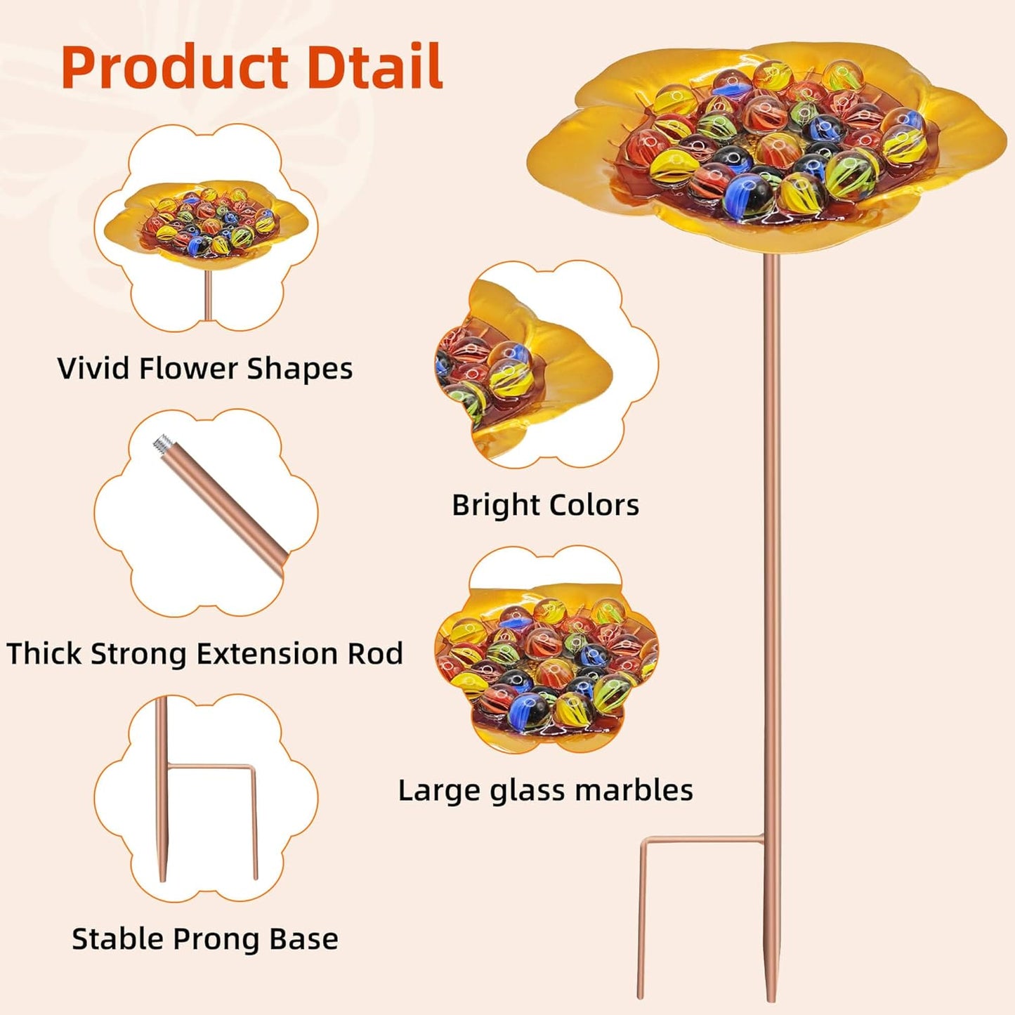 Bee Watering Station-Golden Butterfly Puddler Bee Bath & Feeder with Metal Stakes - 30 Glass Marbles, Vivid Flower Design, Garden Yard Decor (Golden-2PACK)