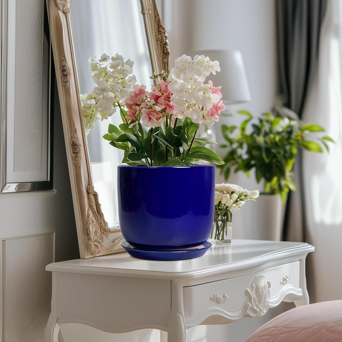 8 Inch Ceramic Plant Pot - Decorative Round Planter for Indoor Plants with Drainage Hole and Saucer, Home House Room Office Garden Decor, Blue