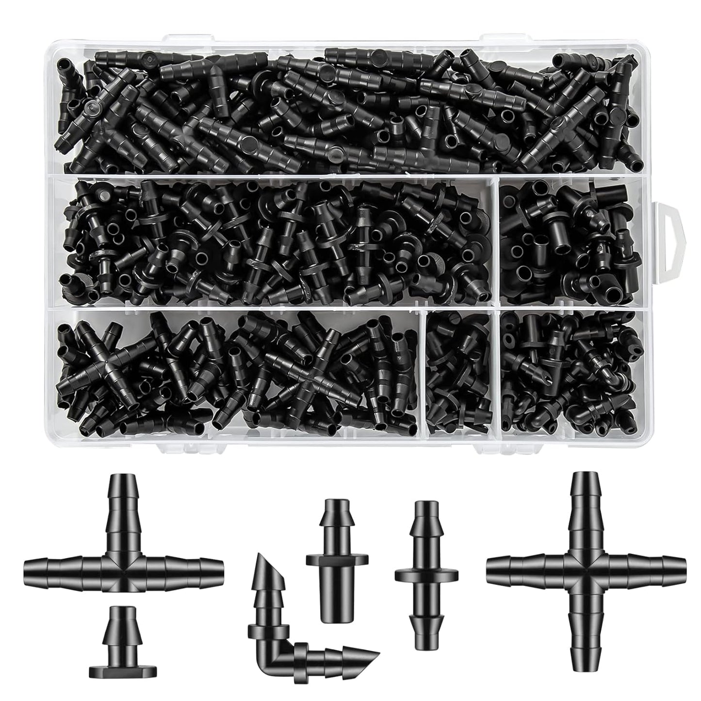 300 Pcs Barbed Connectors Drip Irrigation Fittings Kit, 1/4" Drip Irrigation Kit for Garden Flower Pot Greenhouse Lawn (Straight Barbs,Single Barbs,Tees,Elbows,End Plug,4-Way Coupling)