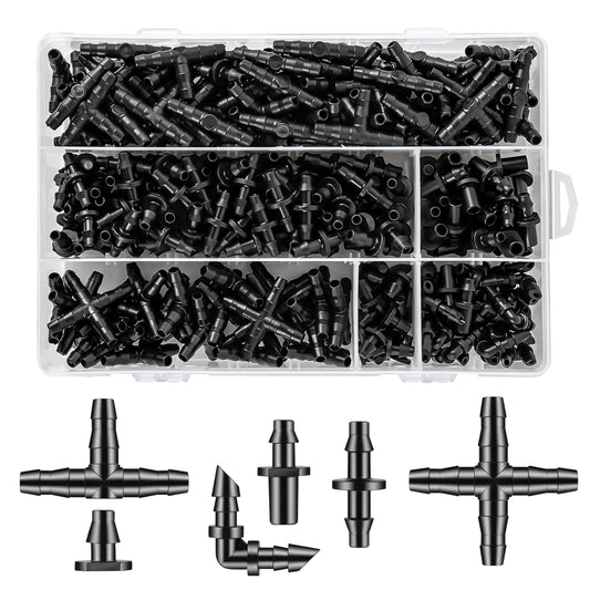 300 Pcs Barbed Connectors Drip Irrigation Fittings Kit, 1/4" Drip Irrigation Kit for Garden Flower Pot Greenhouse Lawn (Straight Barbs,Single Barbs,Tees,Elbows,End Plug,4-Way Coupling)