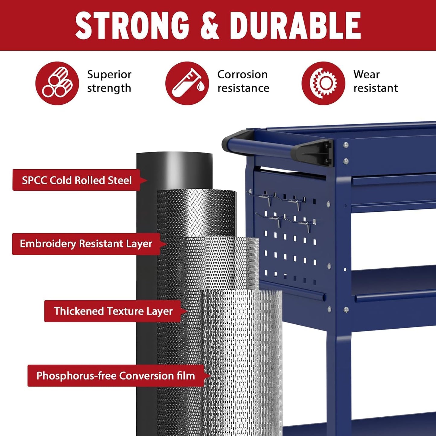 3 Tier Rolling Tool Cart, Heavy Duty Tool Cart on Wheels, Metal Utility Cart with Locked Drawers, Ideal for Garage, Warehouse and Repair Shop (Dark Blue)