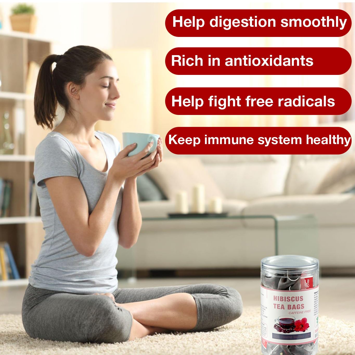 45 Hibiscus Tea Bags - Dried Hibiscus Flower Tea - Natural Edible Herbal Roselle Rosehip Tea (Flor de Jamaica) - Caffeine-Free, Gluten-Free, Non-GMO