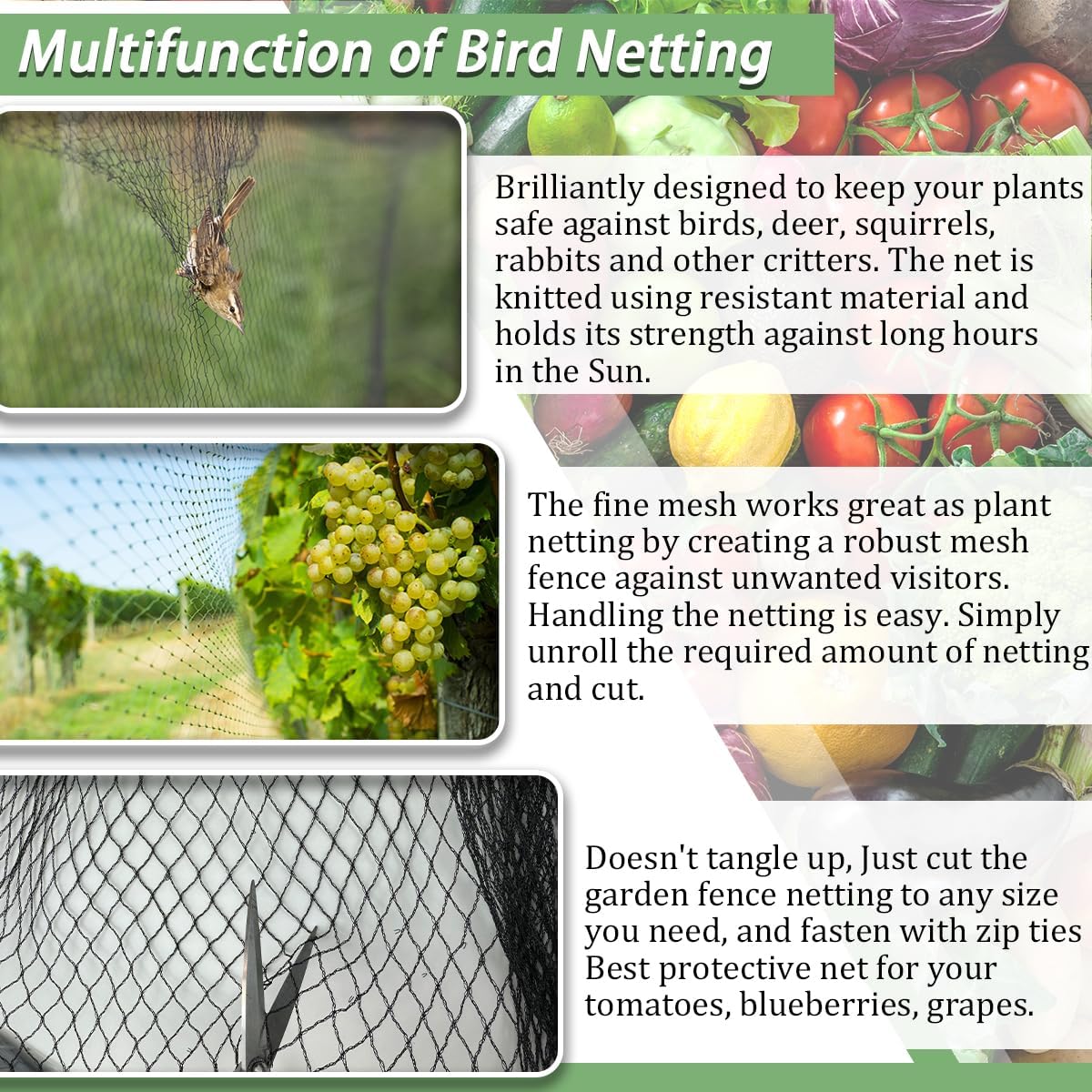 Bird Netting，15 x 30 FT Garden Netting Bird Net for Chicken Coop, Poultry Netting Fence for Fruit Trees, Plants and Vegetables Against Birds, Deer, Squirrels and Other Animals