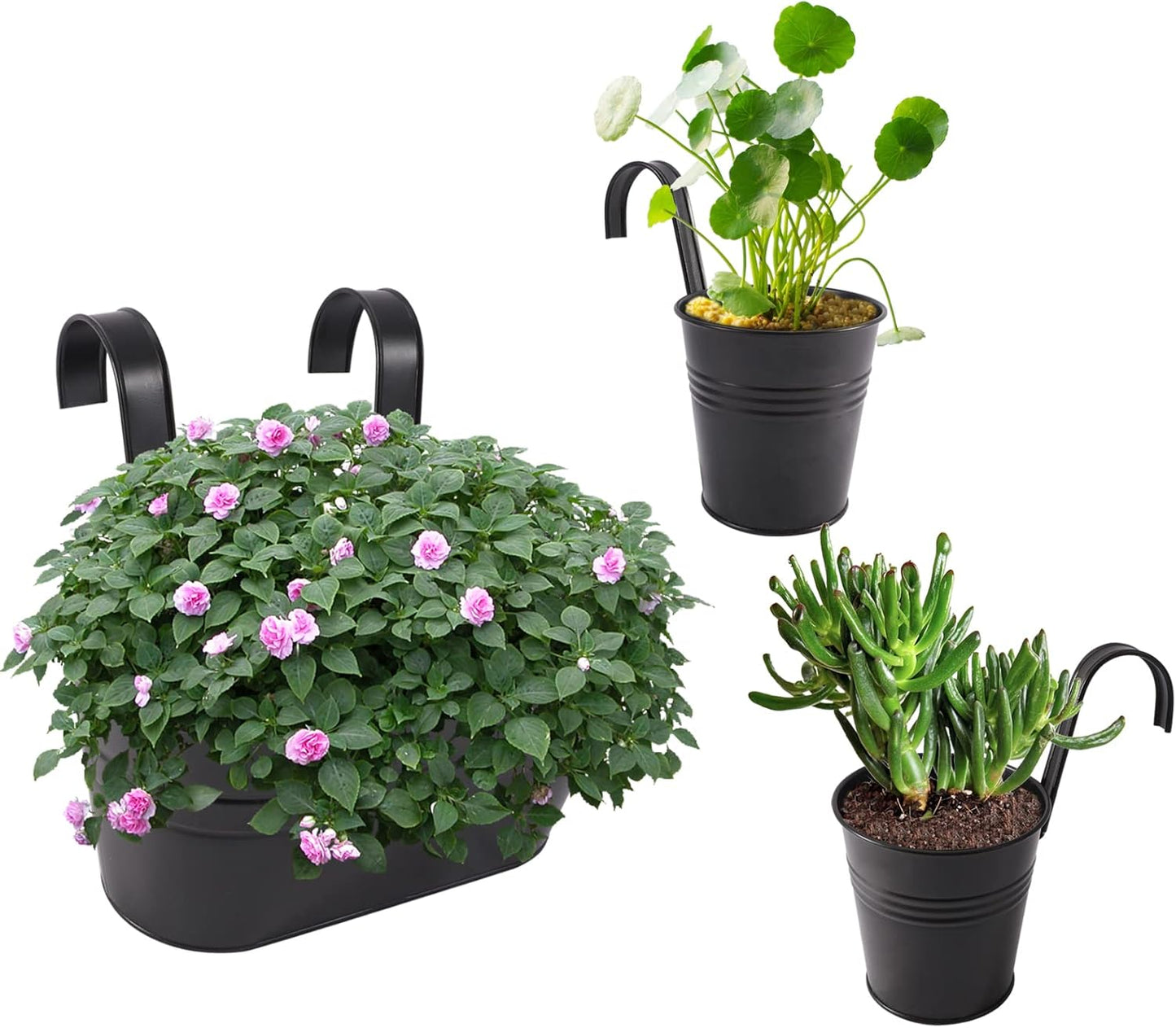 Metal Iron Flower Pots for Railing Fence Hanging Bucket Pots(5 Pcs) and Hanging Flower Pots Metal Iron Bucket Planter(10 Pcs) (Black)