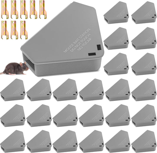 Qualirey 24 Pcs Mice Station with Key Triangle Bait Station Reusable Rodent Trap Bait Box, Keeps Children and Pets Safe Indoor & Outdoor, Bait Not Included, Suitable for Small Mice (Gray)