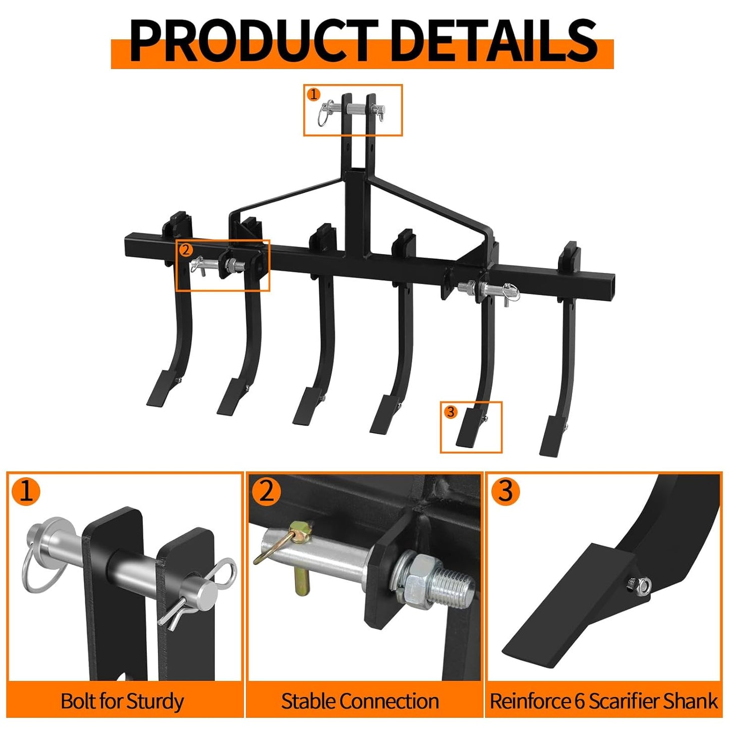 48" Tractor Cultivator/Chisel Plow, Detachable Cultivator with 6 Scarifier Handles,Provides Fertile Soil for Plant Seeds and More,3-Point Scarifier for CAT-0 Black