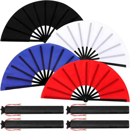 Maitys 4 Packs Large Clap Fans for Line Dancing Large Chinese Folding Hand Fans for Men and Women, Festival, Tai Ji, Kungfu, Martial Art, Gifts (Black,Red,White and Blue)