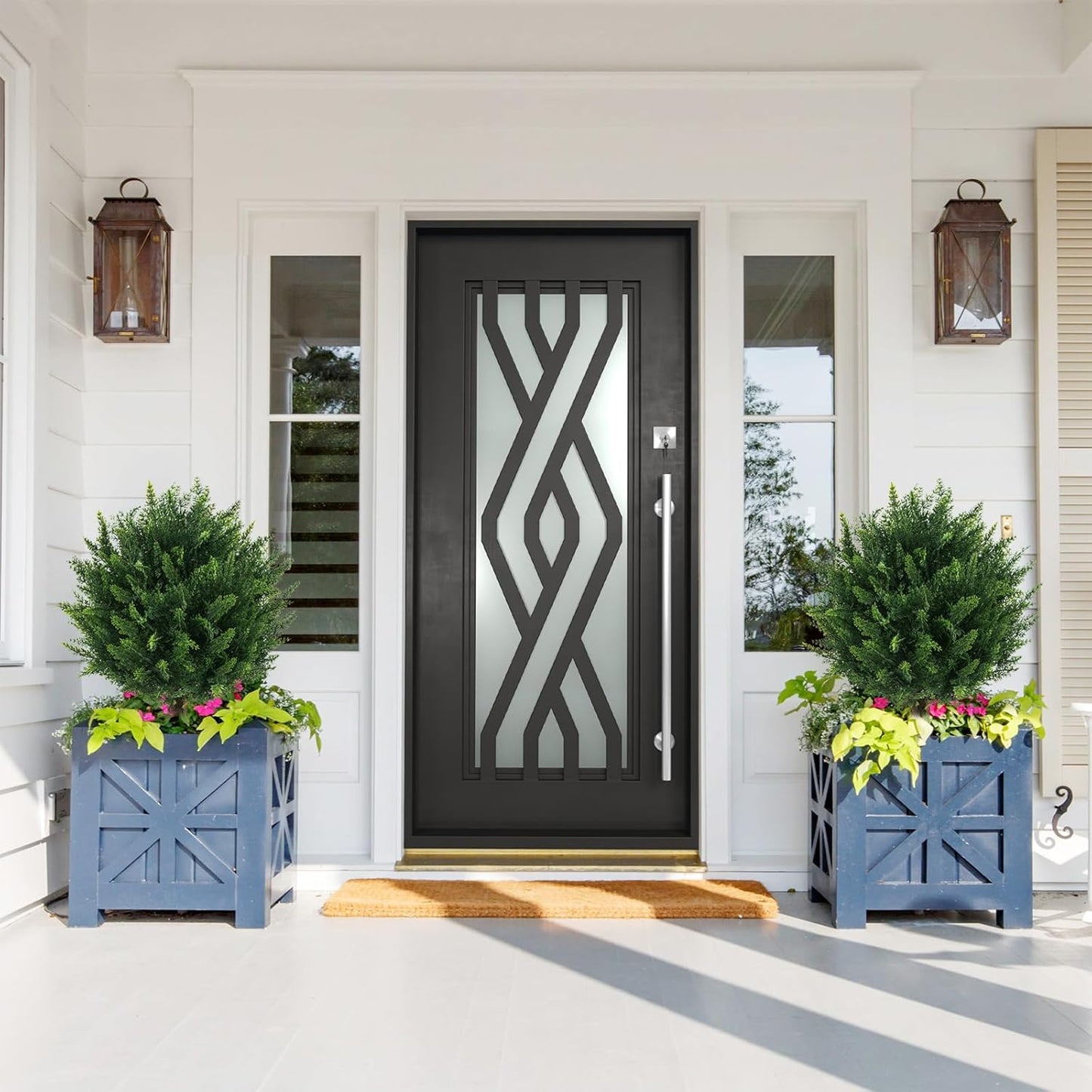 21" Artificial Cypress Topiary Outdoor Plants with Spike, 2 Pack Faux Cedar Bushes UV Resistant Fake Shrubs for Front Porch Décor