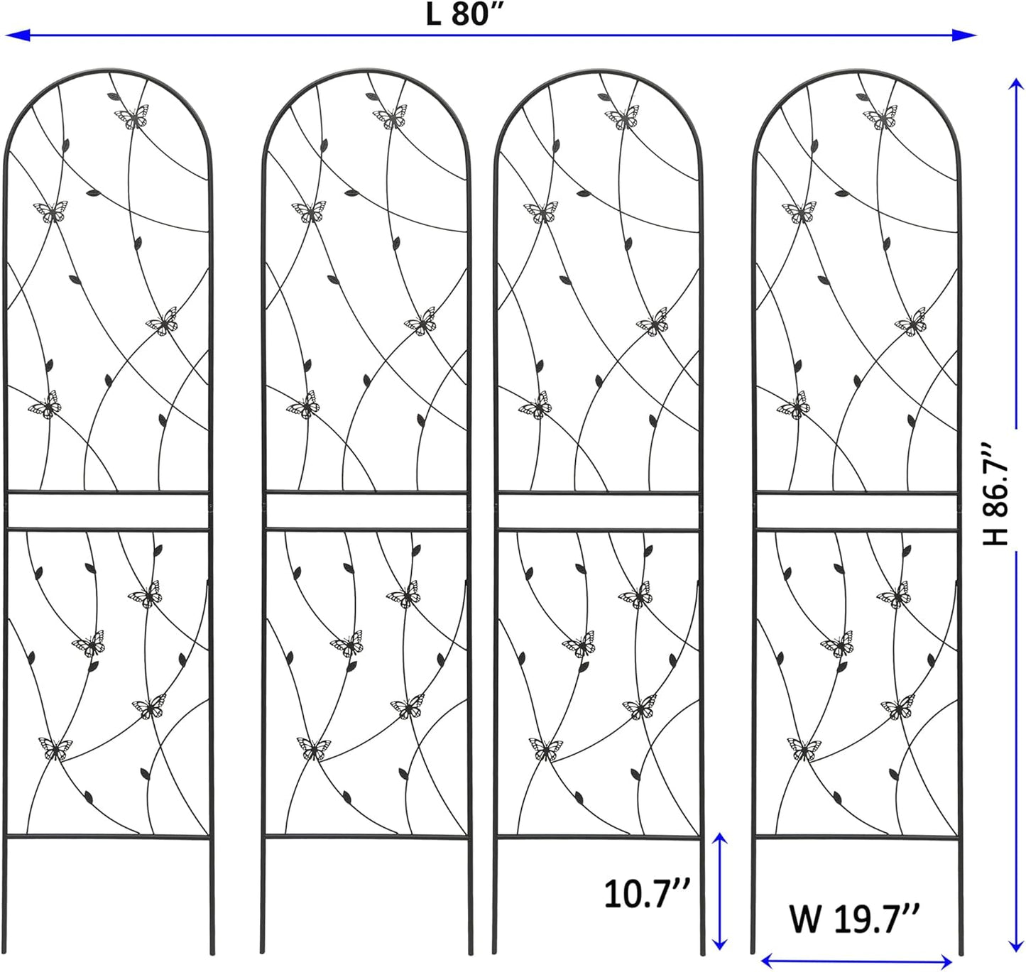 4 Pack Metal Garden Trellis 86.7" Tall Outdoor Climbing Plant Support for Roses, Flowers, Rustproof Durable Black Galvanized Tube, Lawn Garden Fence Decor Screen (4, Black flutter-86.7" H)