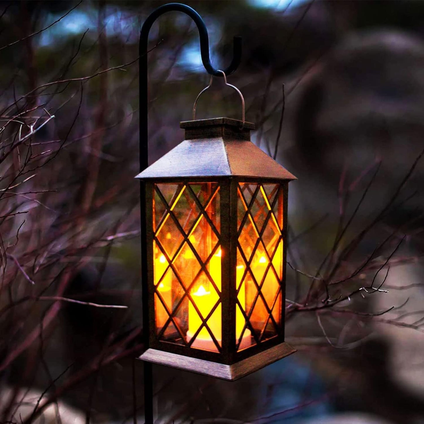 Solar Outdoor Lantern, Garden Hanging Waterproof Lanterns PVC Upgrade 3 LED Flickering Flameless Candle Decorative for Garden Women Mom Grandma Halloween Gifts (Grid Candle)