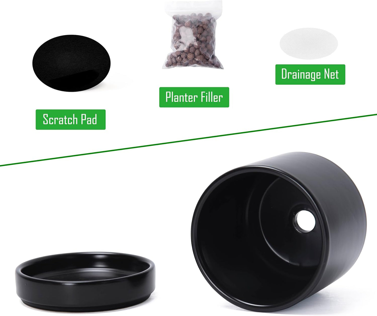 D'vine Dev 4.7 Inch Ceramic Planter Pot with Drainage Hole and Saucer, Indoor Cylinder Round Planter Pot, Black, 94-O-B-2