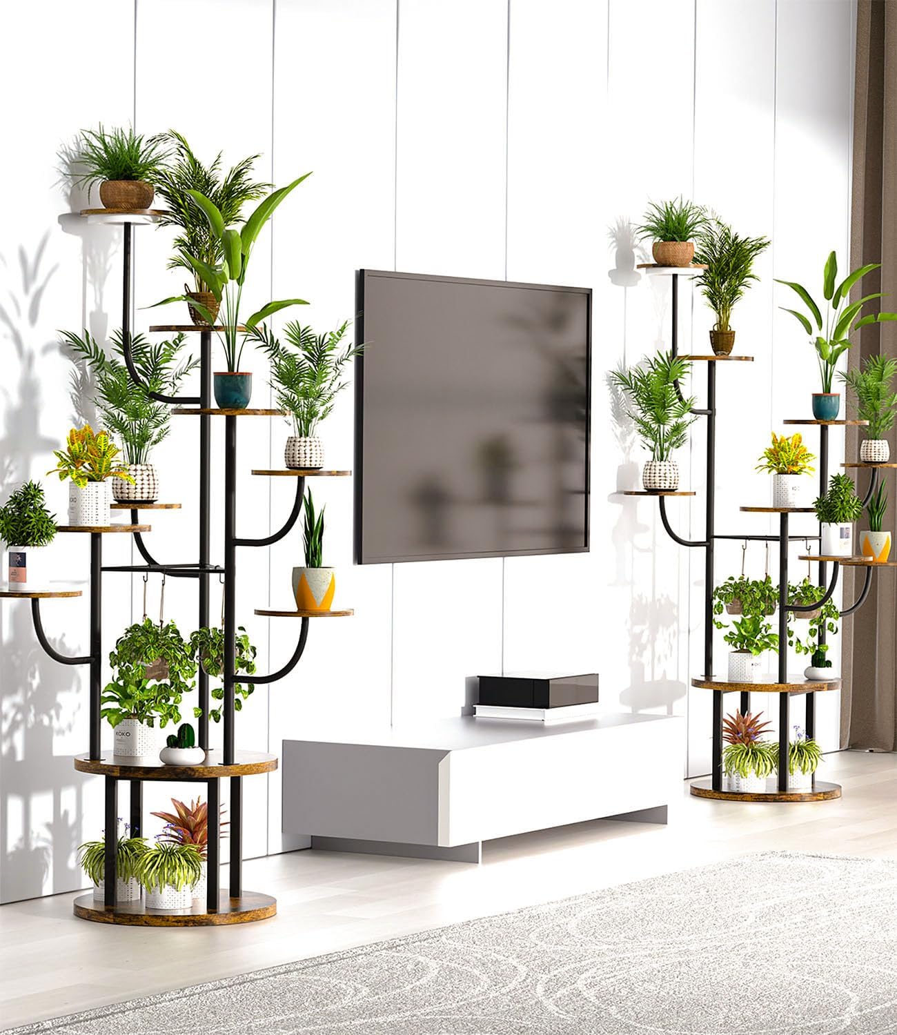 60" Tall Indoor Plant Stand 10 Tiered Adjustable with Grow Light,Metal Rotating Plant Shelf for Multiple Plant Display Indoor, Flower Holder Stand for Living Room,Bedroom,Office,Balcony