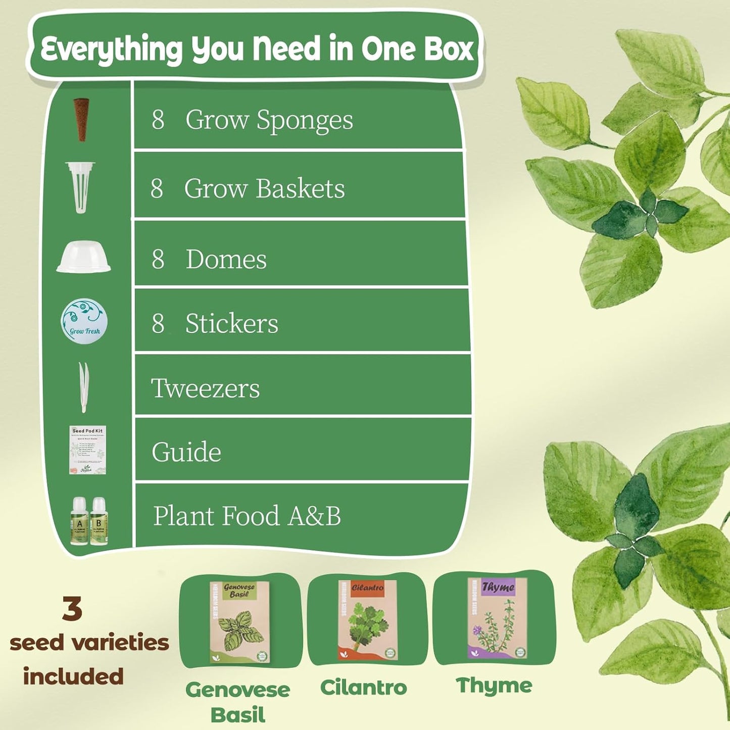 Herb Seed Pods Kit Hydroponic - Refill Pod for All Indoor Garden, 8 Grow Pods with Seeds of Genovese Basil, Cilantro and Thyme, Compatible with All Hydroponics Growing Systems