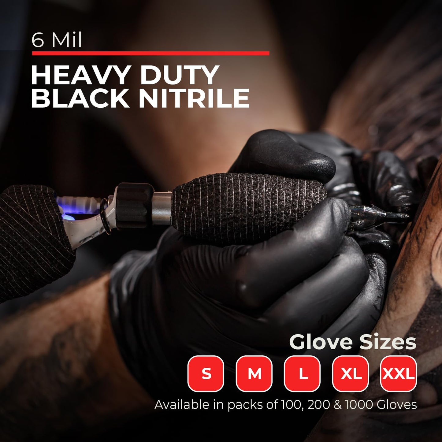 Heavy Duty 6 Mil Black Nitrile Gloves - Disposable, Latex & Powder Free | Mechanic, Food Prep & Tattoo | Rubber Gloves for Cooking, Cleaning & Household | Pack of (200)