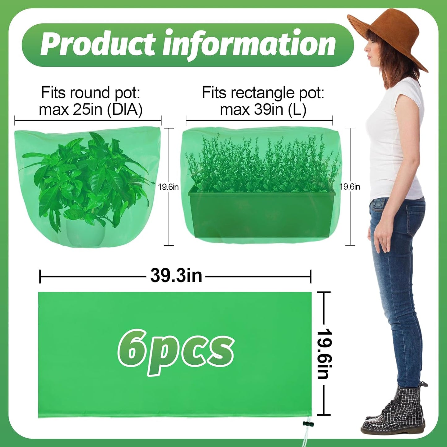 ANPHSIN 6 pcs Frost Protection Plant Covers - 19.6in x 39.3in Shrub Tree Plant Protection with Drawstring, Frost Cloth Wraps Blanket Freeze Bags for Winter Outdoor Garden Potted Plants Green