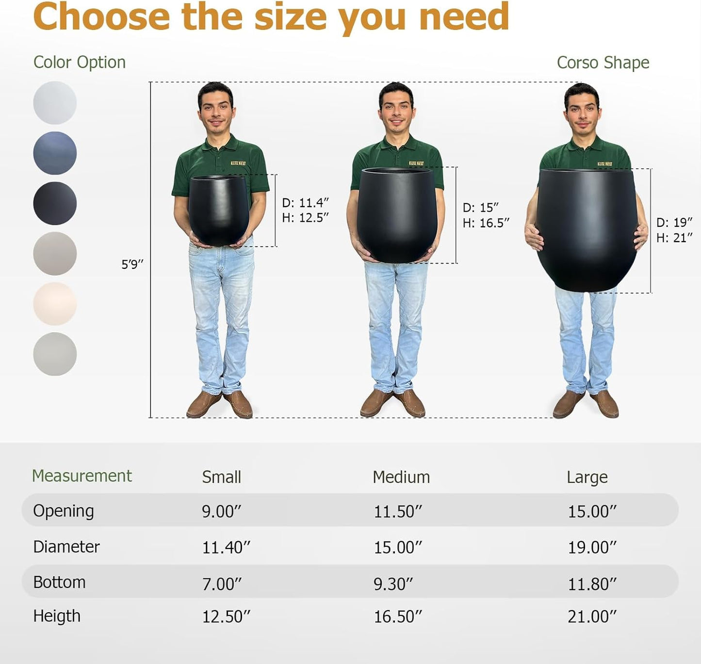 21" H x 19" D Corso Fiberstone Round Planter with Drainage Hole, Smooth Finishes, Weather Resistant for Indoor and Outdoor Use, Included 2 Extra Coco Mats (Black, 15" Pot Opening)