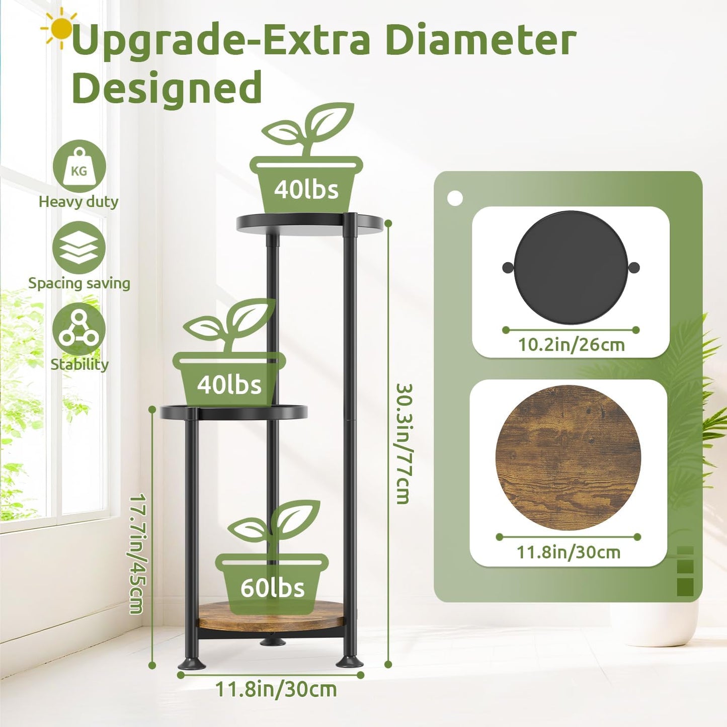 3 Tier Plant Stand Indoor Outdoor, 10in Wide Metal Tiered Tall Flower Pot Holder Multiple Shelf, Large Heavy Duty Round Rack for Patio Garden Living Room Balcony Corner Bathroom Orchid,Modern Black