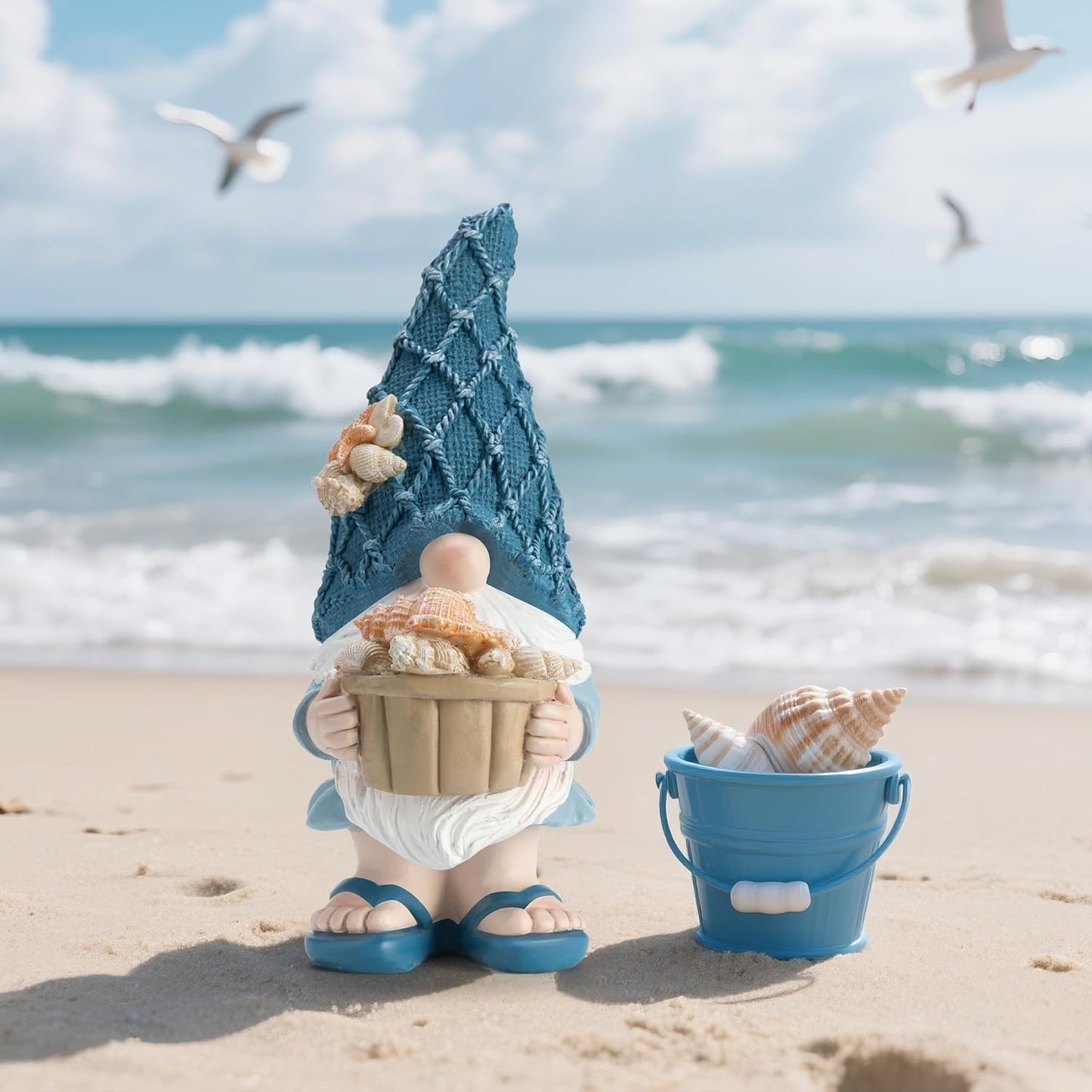 Garden Sea Gnome Statue Decoration Indoor Outdoor Resin Beach Gnome Sculpture for Home Office Desktop Bathroom, Summer Pool Decoration Outdoor Gifts (Conch)