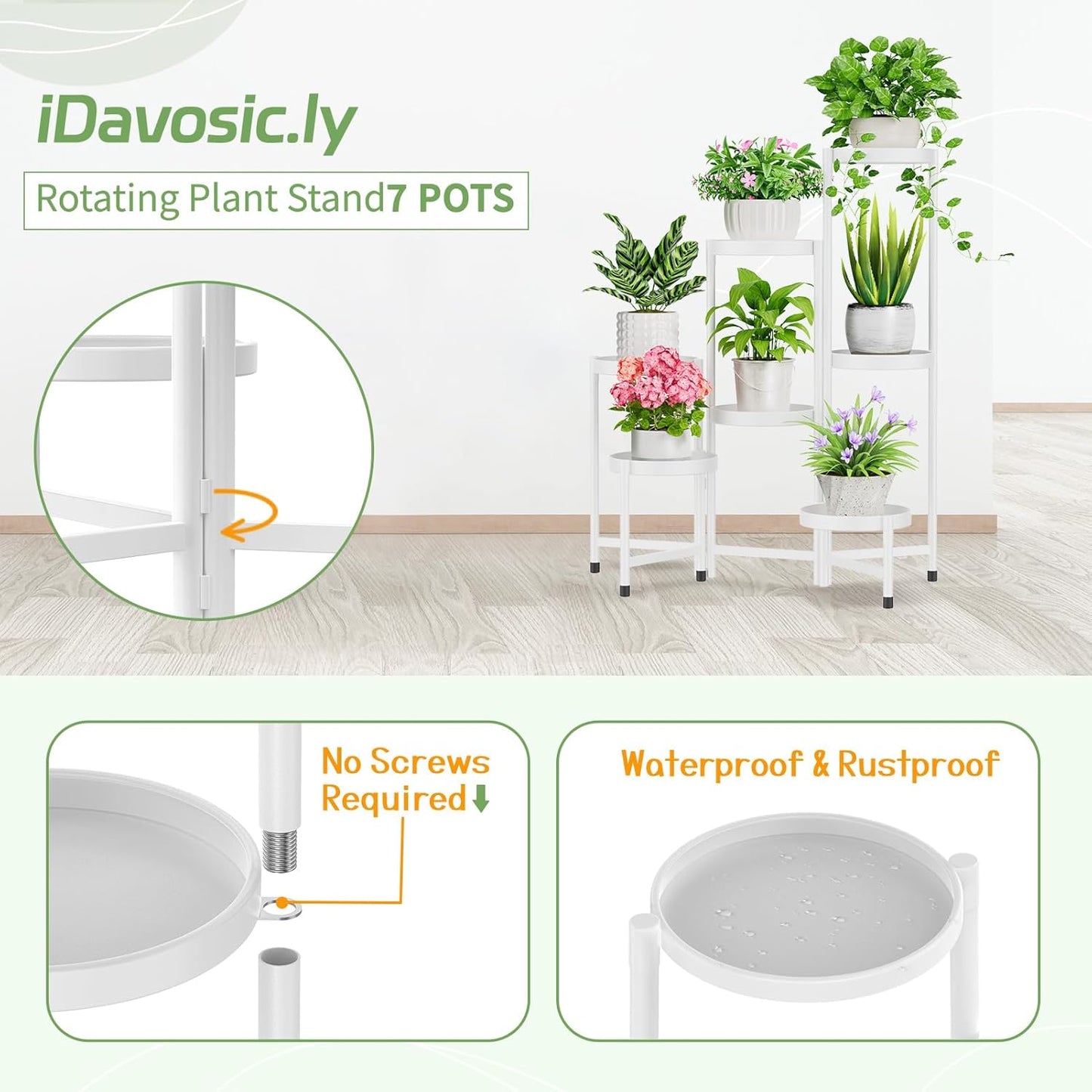 iDavosic.ly Plant Stand Indoor Outdoor, 7 Tier Corner Metal Flower Display Holder Shelf, Folding Tall Orchid Rack for Patio Balcony Porch Garden Living Room House, White