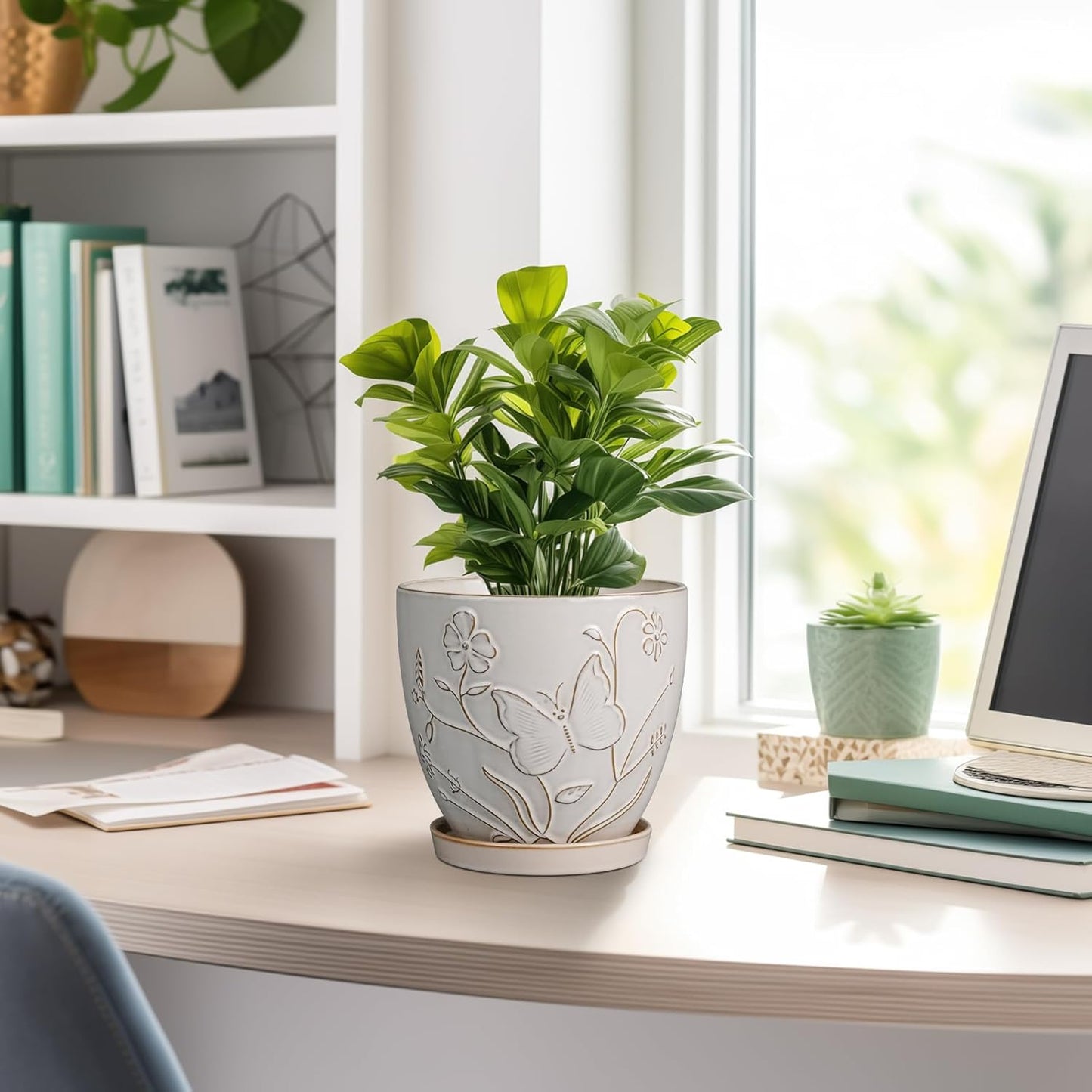 6 Inch Ceramic Plant Pot for Indoor Plants Outdoor Round Planter Flower Pot with Drainage Hole and Saucer for Home Garden Office Decor White