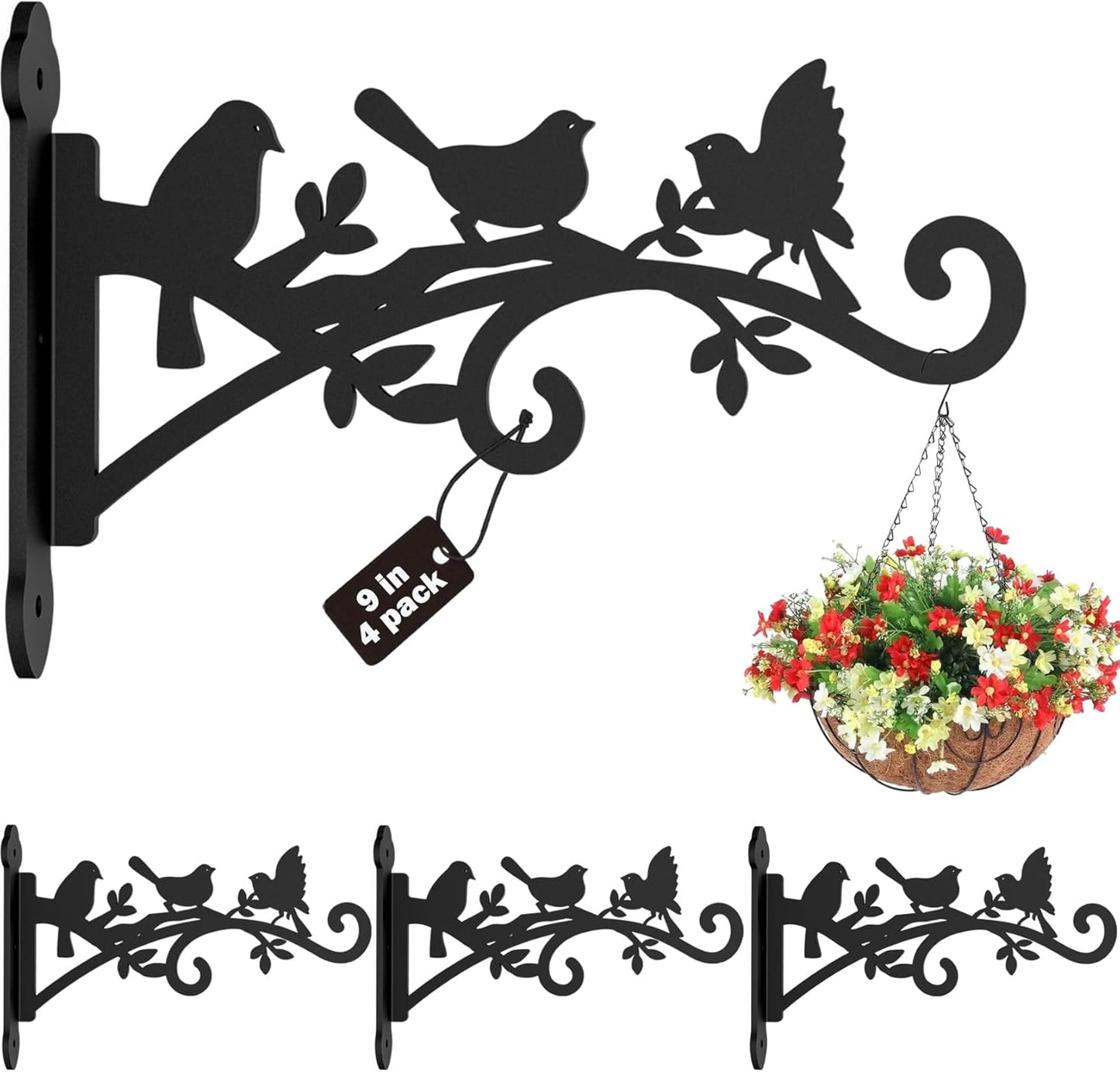 4 Pack Plant Hanger Hook,Outdoor & Indoor Hanging Basket Hooks,9in Metal Plant Wall Hanger,Plant Bracket Hook for Hanging Plants,Bird Feeder,Lantern