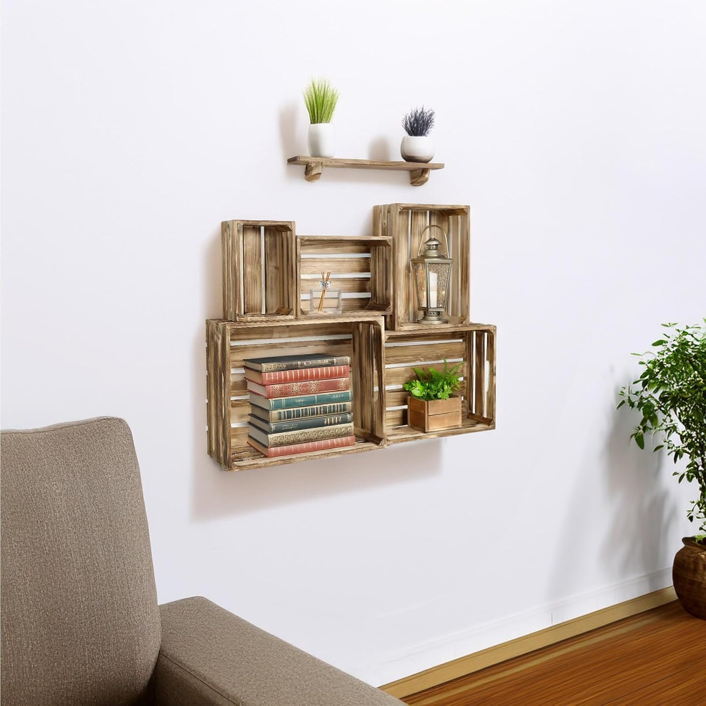 5-Piece Farmhouse Wooden Crate Set - Rustic Wooden Crates for Display and Storage, Large Torched Decorative Crates, Farmhouse Apple Crates, Painted Wood Crates for Decor