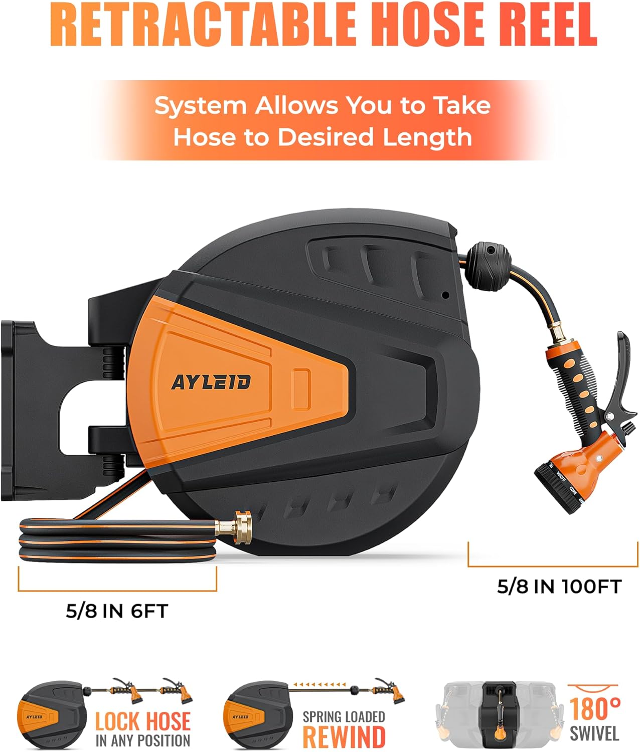 Ayleid Retractable Garden Hose Reel,5/8 in x 100 FT Wall Mounted Hose Reel, with 9- Function Sprayer Nozzle, Any Length Lock/Slow Return System/Wall Mounted/180°Swivel Bracket (Black)
