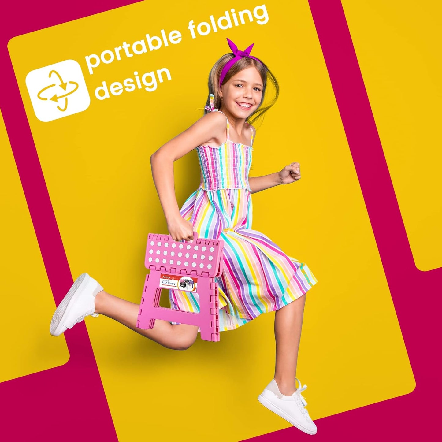 ACSTEP 9 Inch Folding Step Stool - The Lightweight Step Stool is Sturdy and Safe Enough. Opens Easy with One Flip. Great for Kitchen, Bathroom, Bedroom Pink