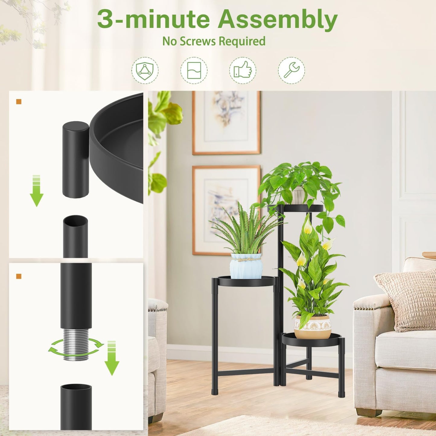 iDavosic.ly Plant Stand Indoor Outdoor, 3 Tier Corner Metal Flower Display Holder Shelf, Folding Tall Orchid Rack for Patio Balcony Porch Garden Living Room House, Black