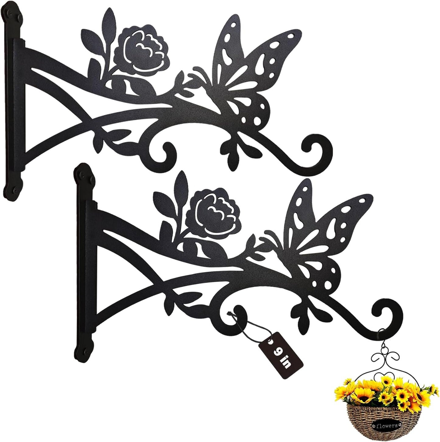 2 Pcs Wall Plant Hanger Indoor & Outdoor - 9 in Metal Hanging Plant Bracket with Butterfly Pattern - Anti Rust Plant Hooks for Hanging Plants,Flower Baskets,Bird Feeder