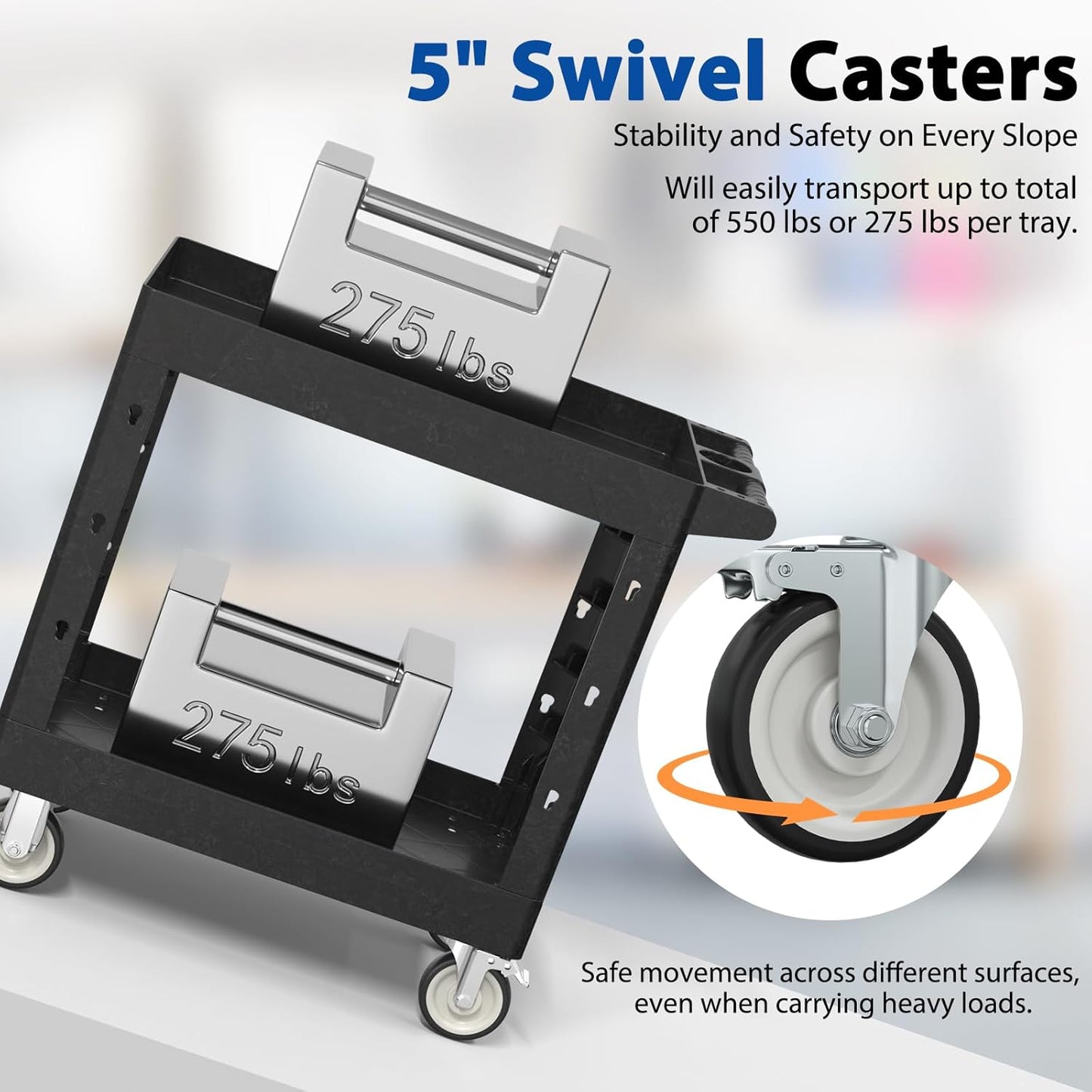 Heavy Duty Rolling Utility Cart with Wheels 2 Tier Utility Plastic Service Work Cart for Shop, Garage, Warehouse, Maintenance 550 lbs