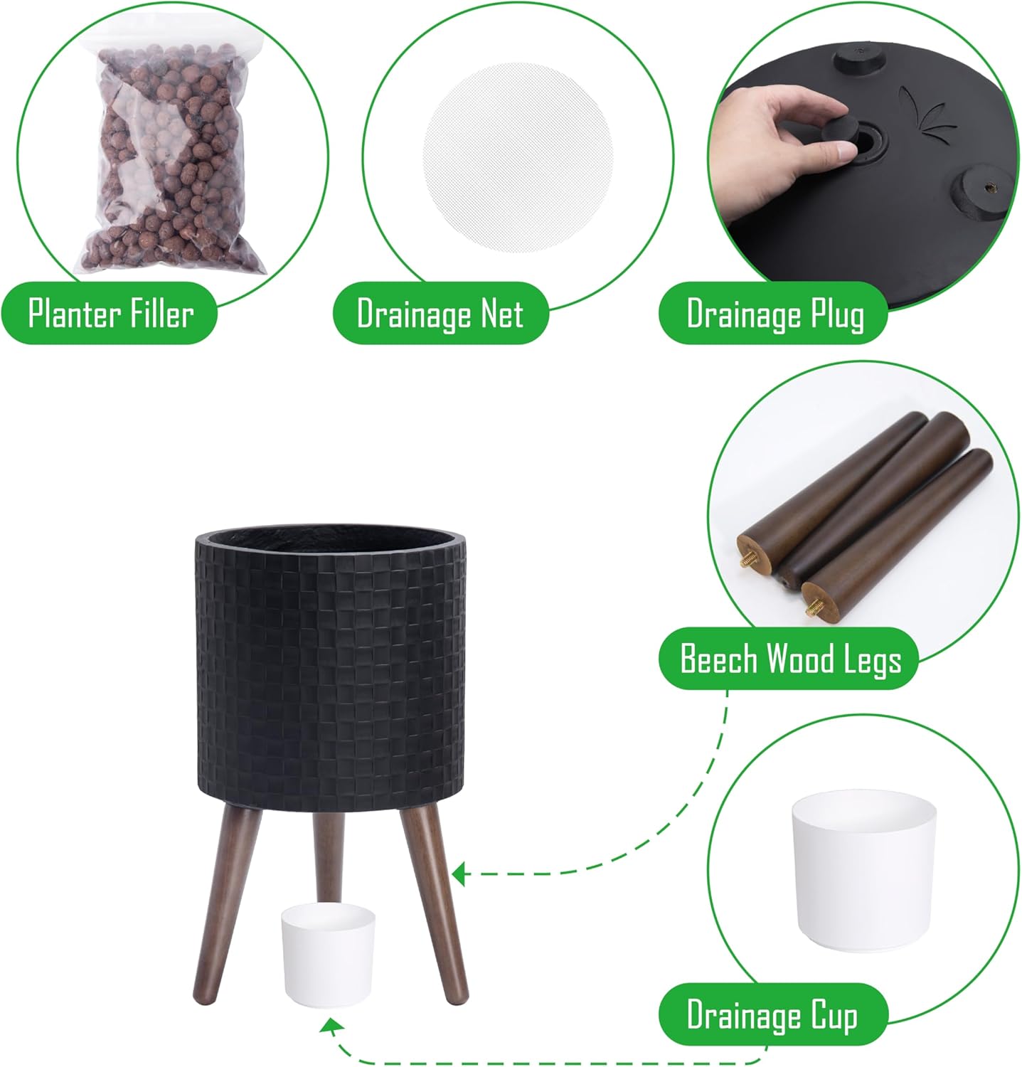 D'vine Dev 10 Inch Modern Geometric Tile Patterned Sleek Planter Pot with Stand, Indoor Outdoor Decorative Plant Holder, Matte Black, 88-Z-B-2