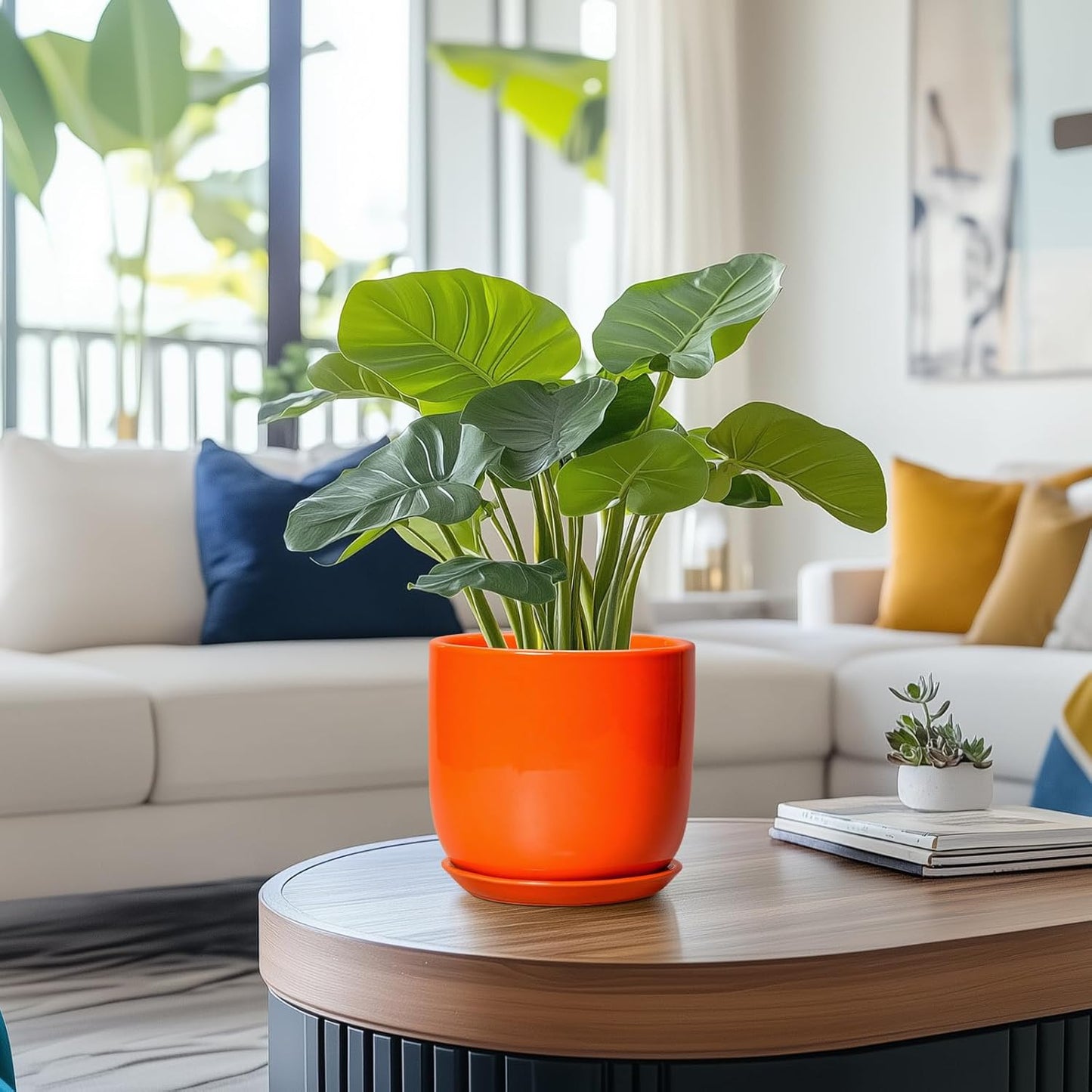 7 Inch Plant Pot - Ceramic Planter with Drainage Hole and Saucer, Modern Round Ceramic Flower Pot for Indoor Outdoor Plants, Plant Lover Gifts, Home Garden Office Decor, Orange