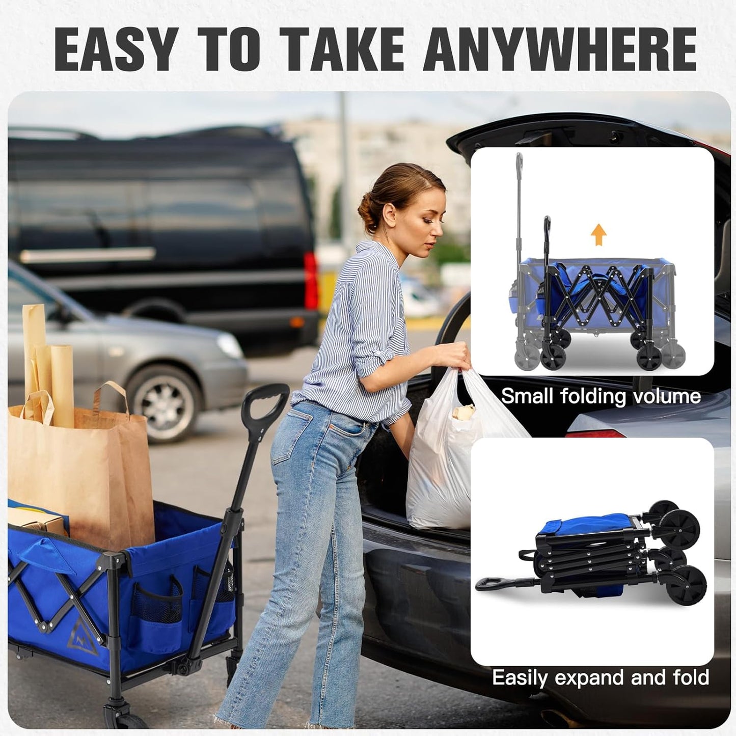 Wagon Cart Shopping Foldable Folding Collapsible with Wheels Big On Beach Garden Outdoor Grocery Heavy Duty Utility All Terrain Portable Wagons Carts for Groceries Sand Camping Sports Blue