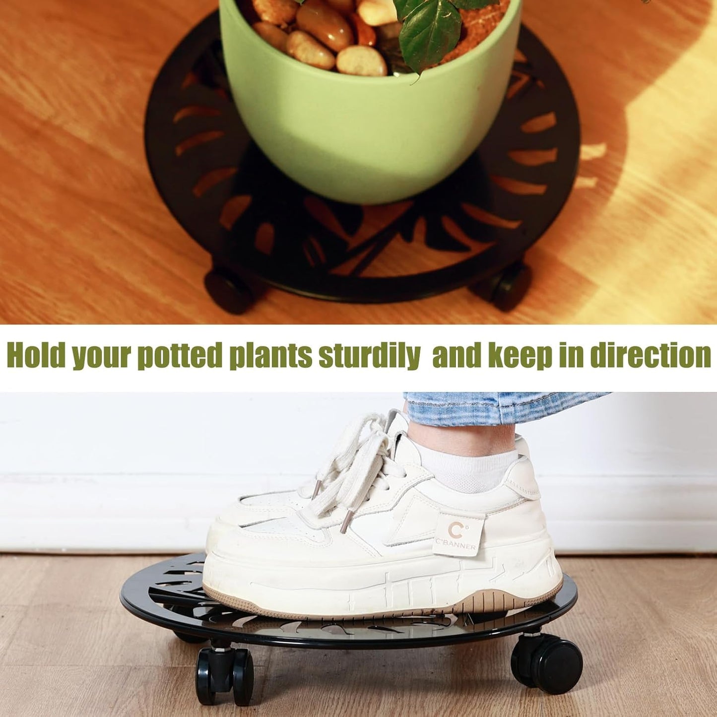 3 Packs Metal Plant Caddy with Wheels 13” Rolling Plant Stands Heavy-duty Wrought Iron Plant Roller Planter Movers Indoor Outdoor Wheeled Plant Dolly with Casters Tray Coaster, Black palm leaves