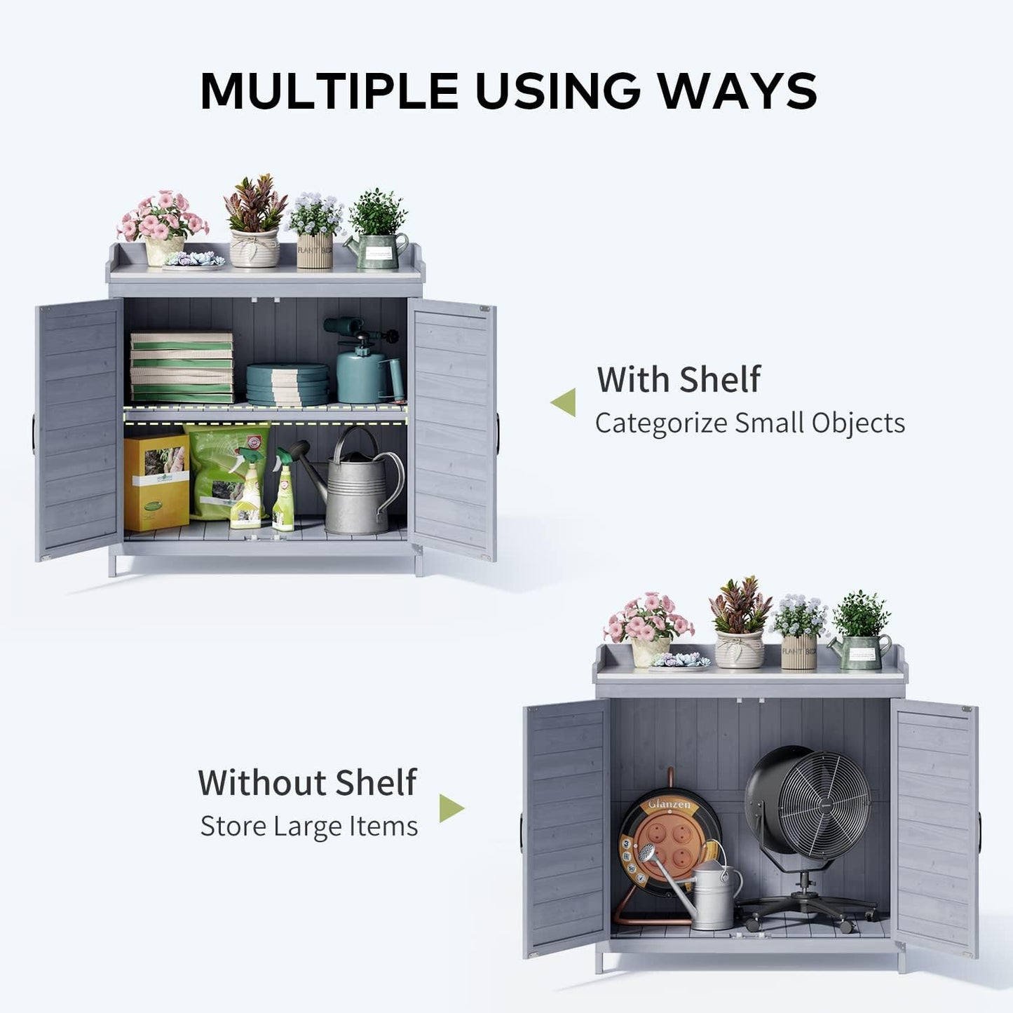 Gizoon Outdoor Potting Bench with Metal Tabletop, Outdoor Garden Patio Wooden Storage Cabinet with Adjustable Shelf, Double Doors Garden Work Bench for Backyard, Patio, Lawn - Grey