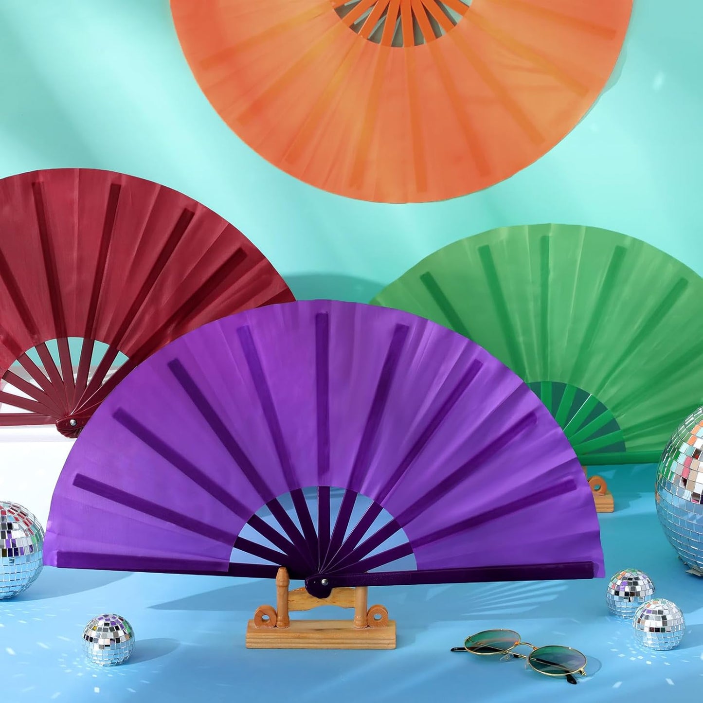 Blulu 4 Pcs 11 Inch Large Folding Hand Fans Bulk Clapping Popping Rave Fans for Kids Women Men for Dancing Boots on The Ground Festival Party Decoration(Classic Style, Retro Color)