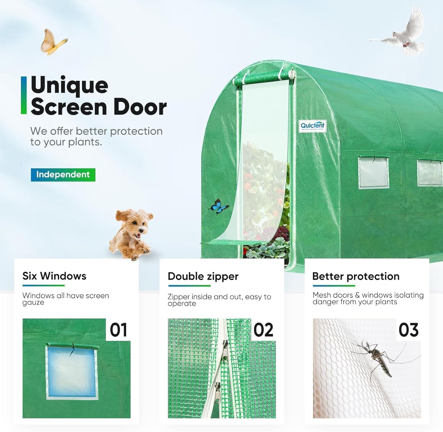 Quictent Premium Greenhouse for Outdoors, 10x6.6x6.6FT Upgraded Portable Walk-in Heavy Duty Frame Large Garden Plant Hot Outside Hoop House, 6 Ventilated Screen Window and Zipper Screen Door, Green