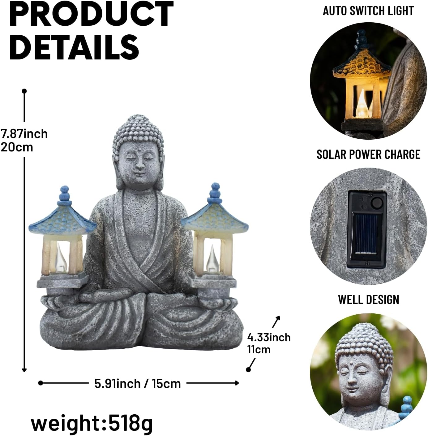 Meditating Buddha Statue with Solar Lights, Zen Garden Decor for Home, Patio, Yard, Outdoor – Unique Gift for Women and Friends(Two Pavilions)