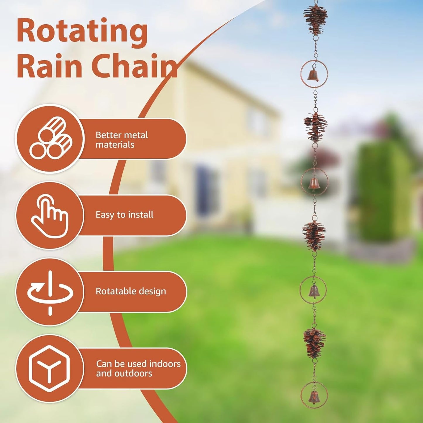 3.5 Feet Pinecone Shaped Rain Chain Metal Rain Chain Gutter Rain Chain Downpipe Outdoor Rain Catcher Decorate Pine Cones and Bells Rain Chain for Indoor Outdoor Decoration