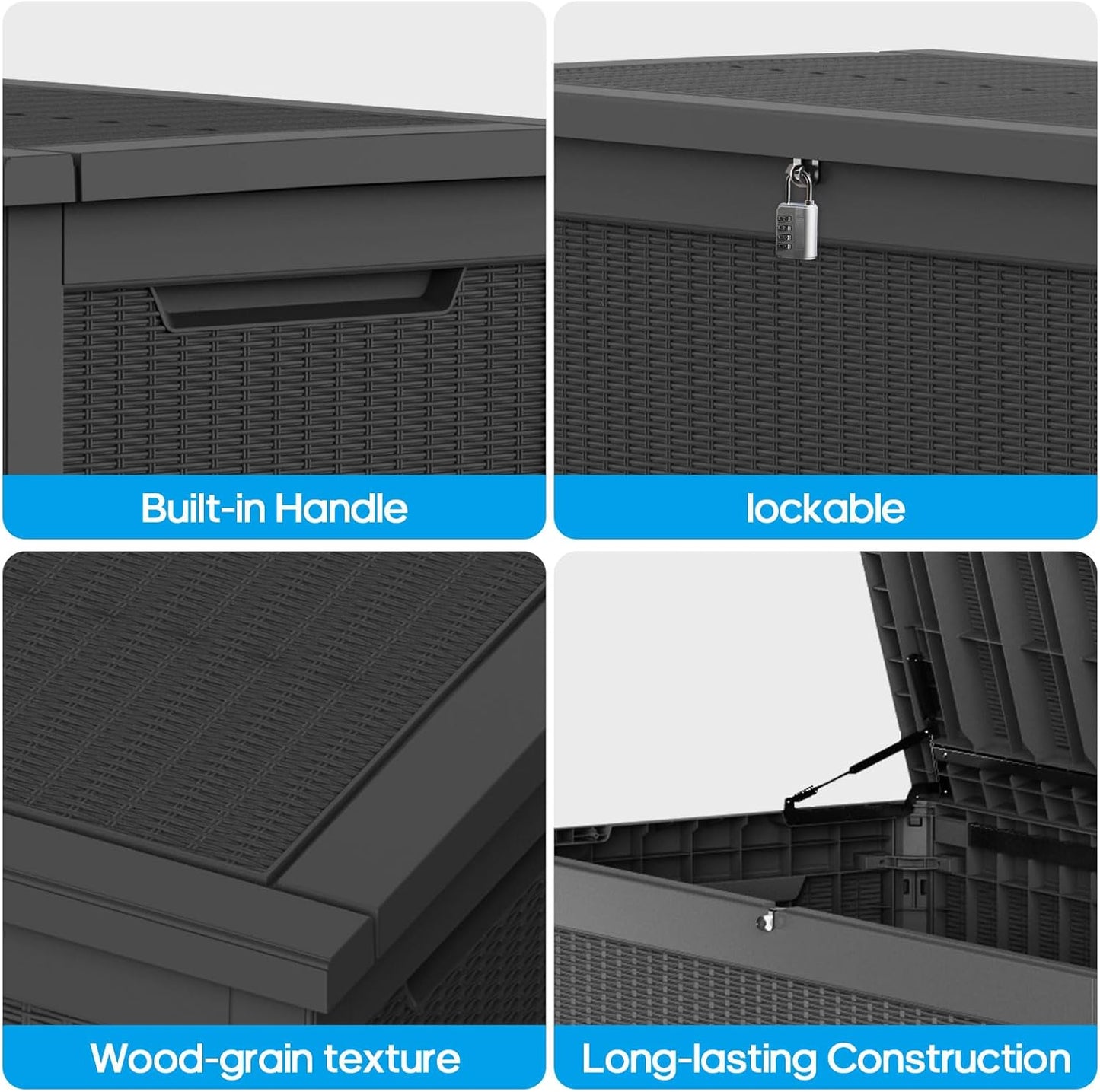 320 Gallon Waterproof Black Deck Box, Lockable Resin Storage Box for Patio Furniture Cushions Garden Tools and Outdoor Delivery Storage