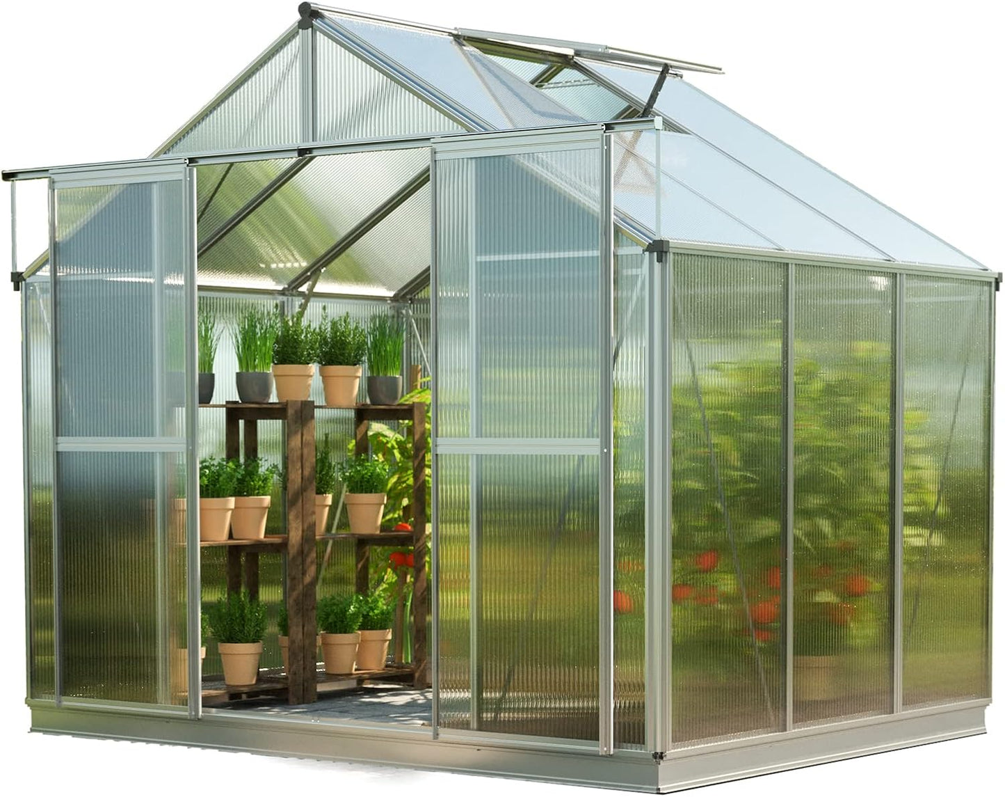 Greenhouse Topas 3 Aluminum Frame 7.4 x 6.4 ft Approx. 6 mm Polycarbonate Panels - with Bonus Base Frame and Automatic Vent Opener