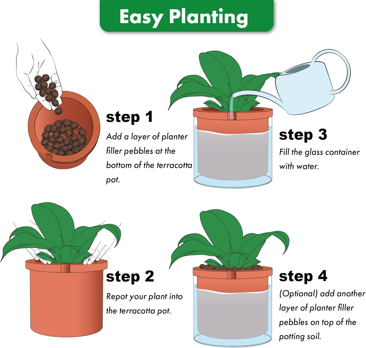 Phoenix Vine 10 Inch Self Watering Planter, White Terracotta Pot for Plants, Indoor Cylinder Terra Cotta Pot with Glass Vase