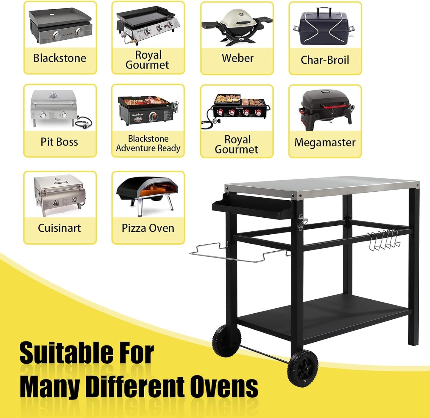 Outvita Outdoor Grill Cart, Movable Food Prep and Work Cart Table, Pizza Oven Stand Table with Wheels, Indoor & Outdoor Multifunctiona Stainless Steel Flattop BBQ Table for Home Party Camping